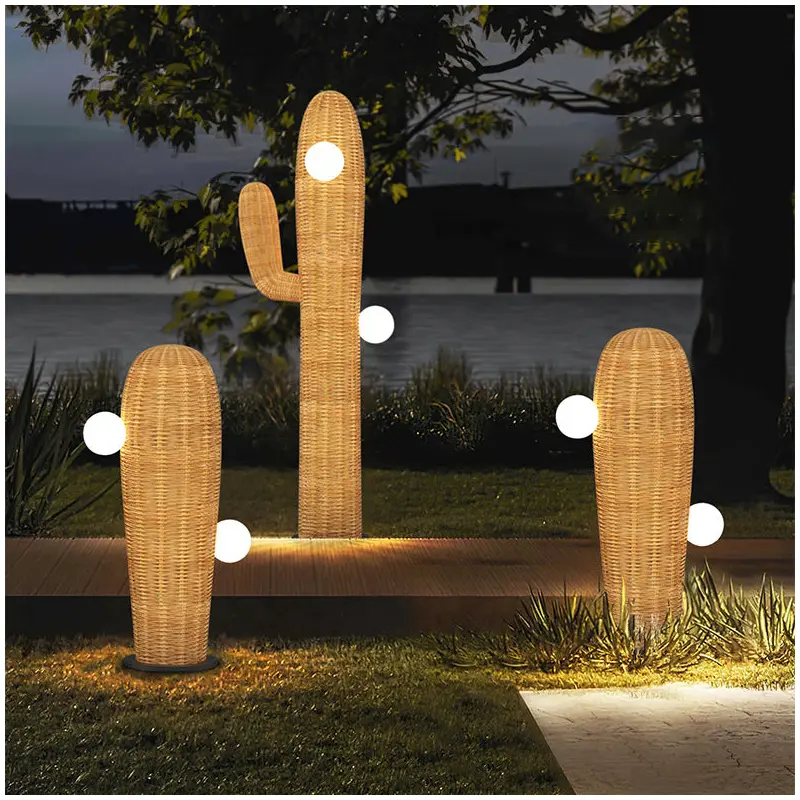 Contemporary Creative Cactus Waterproof Rubber Rattan Stainless Steel 2 - Light Standing Floor Lamp For Outdoor Patio