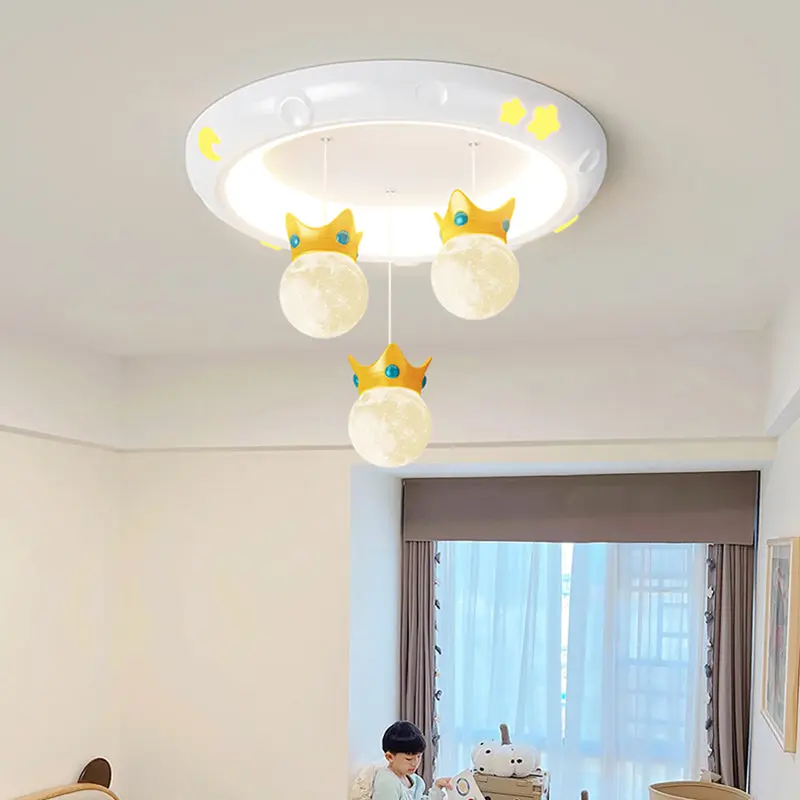 Traditional French Cartoon Resin Crown ABS Round Shade LED Flush Mount Ceiling Light For Living Room