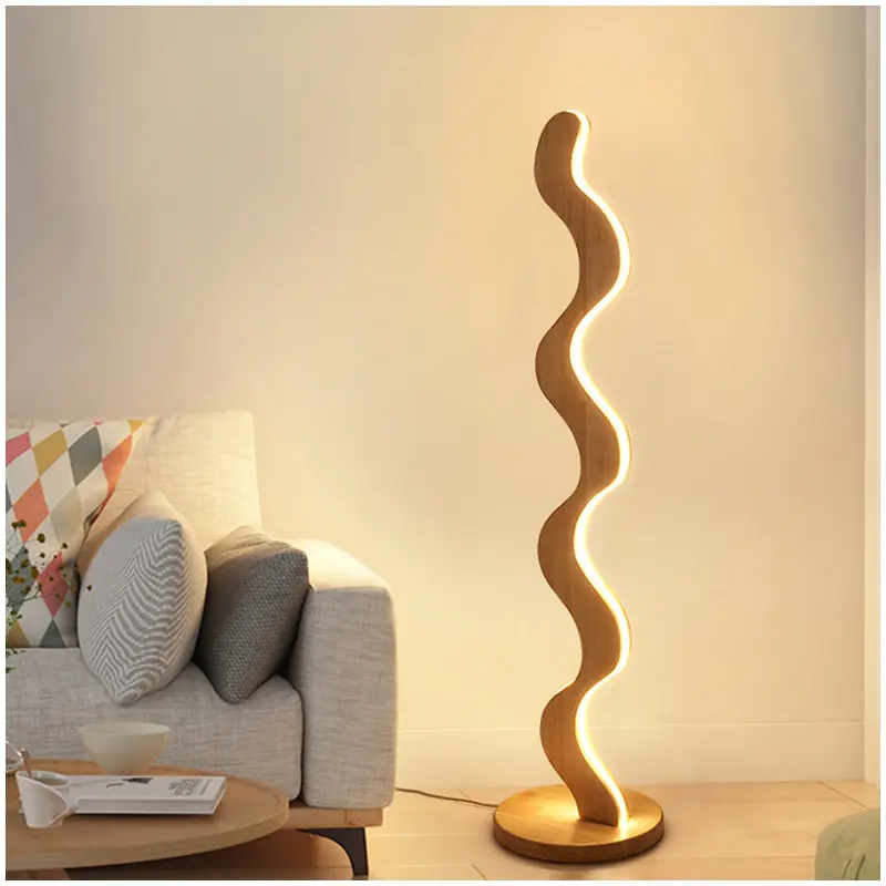 Contemporary Creative Oak & Acrylic Wavy LED Standing Floor Lamp For Living Room And Bedroom