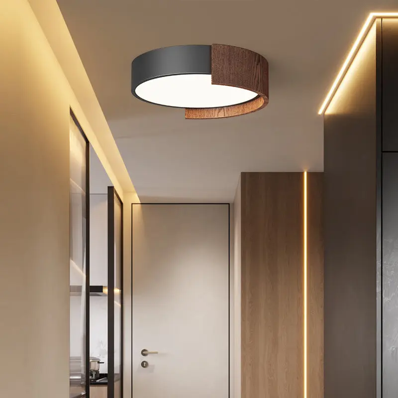 Traditional Japanese Rectangular Round Wood Grain Iron Acrylic LED Flush Mount Ceiling Light For Living Room