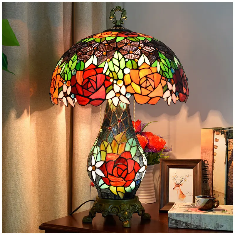 Traditional Tiffany Dome Iron Glass 2-Light Table Lamp For Living Room