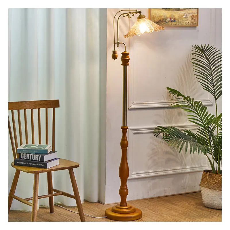 Traditional Vintage Glass Solid Wood & Metal Cracked Floral Shade 1-Light Standing Floor Lamp For Living Room And Bedroom
