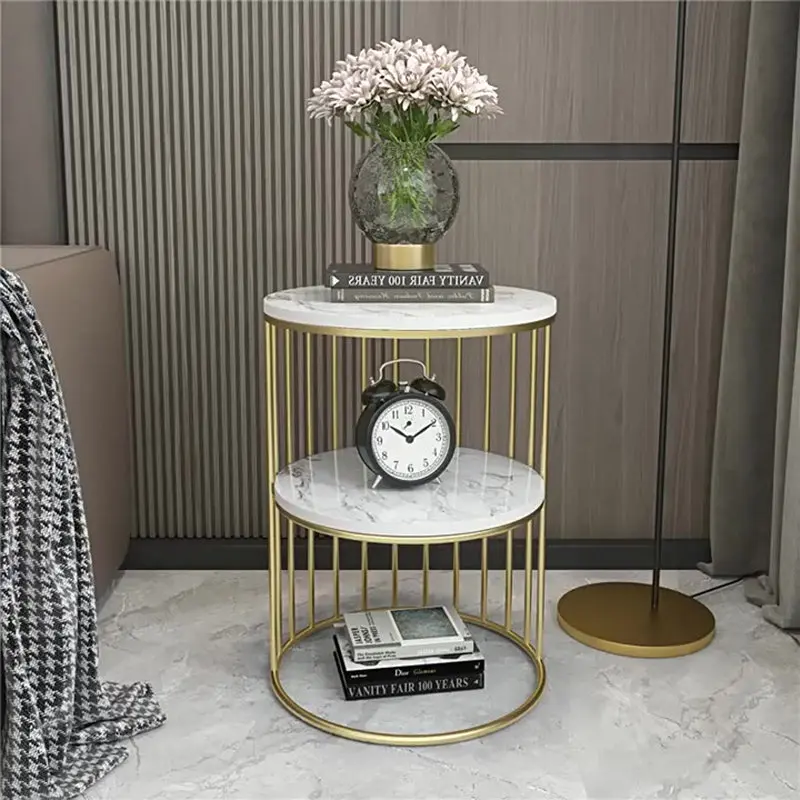 Contemporary Nordic Cylinder Rock Board Iron Side Table 3 - Tier For Living Room