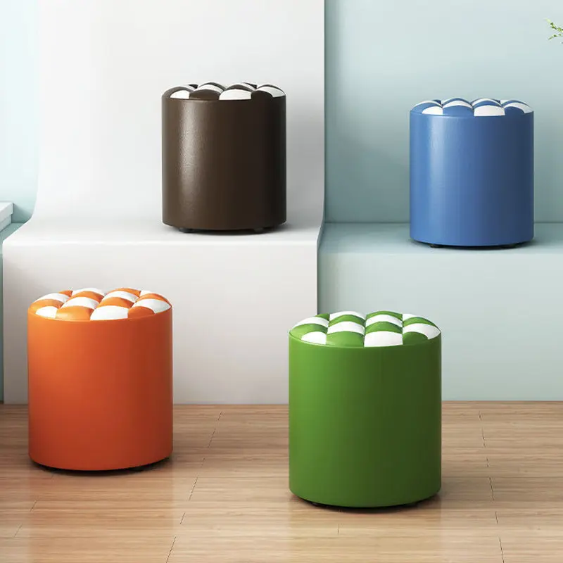 Modern Minimalist Wood & Faux Leather Checkerboard Cylinder Low Stool For Bedroom & Living Room