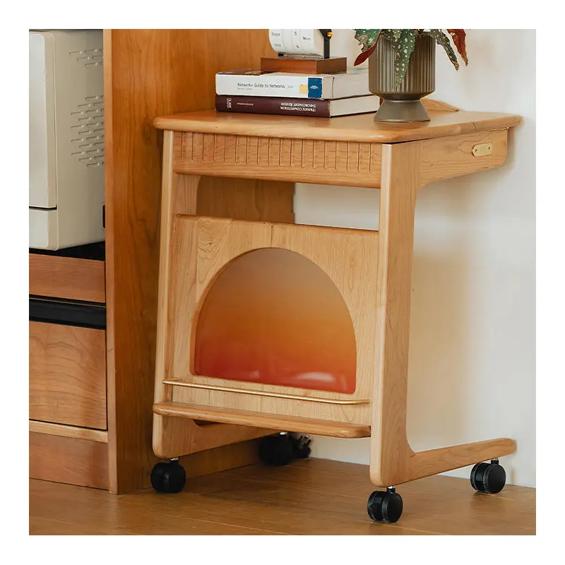 Contemporary Nordic Cherry Wood & Acrylic Rectangular C-Shaped Movable Side Table With 1-Cabinet And Display Shelf For Living Room & Bedroom