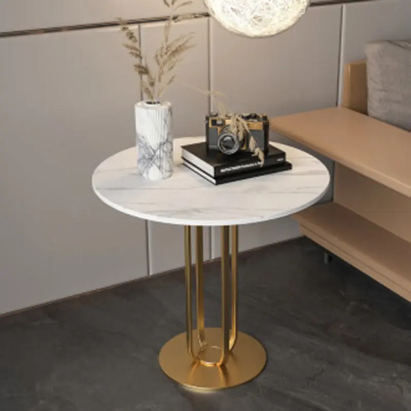 Contemporary Nordic Slab Stainless Steel Carbon Steel Round Side Table With 1-Tray For Living Room & Bedroom