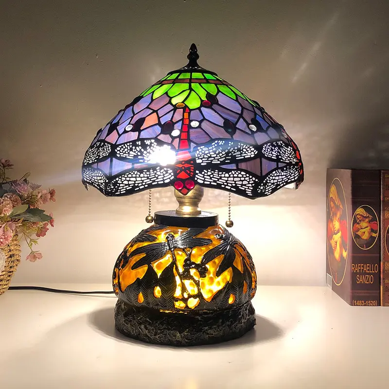 Traditional Tiffany Glass & Resin Dragonfly 3-Light Table Lamp For Living Room And Bedroom