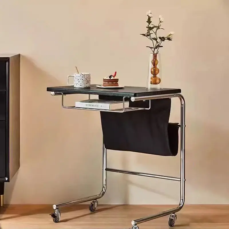 Modern Mid-Century Plank, Iron & PU Leather Rectangular Side Table With Wheels For Living Room, Bedroom