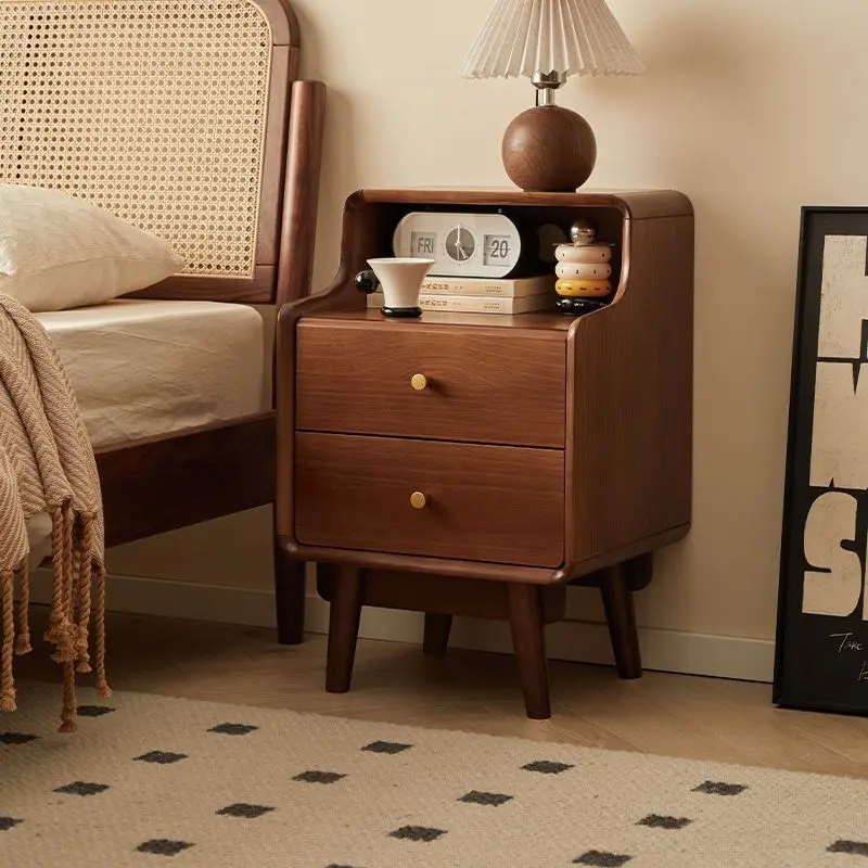 Traditional Japanese Square Solid Wood Top Nightstand 2-Tier Storage Drawer For Bedroom