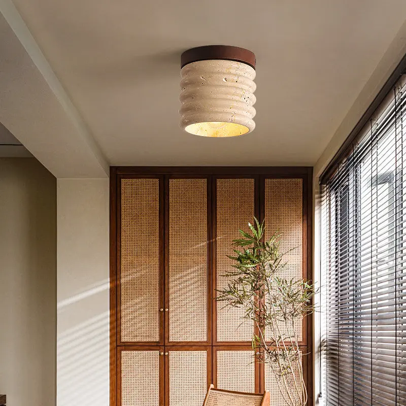 Traditional Japanese Yellow Travertine Cylinder 1-Light Flush Mount Ceiling Light For Living Room