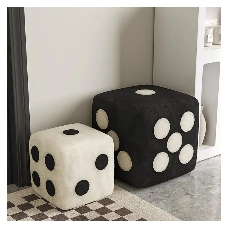 Contemporary Creative Dice Cube Lamb Fleece Solid Wood Frame Low Stool For Living Room
