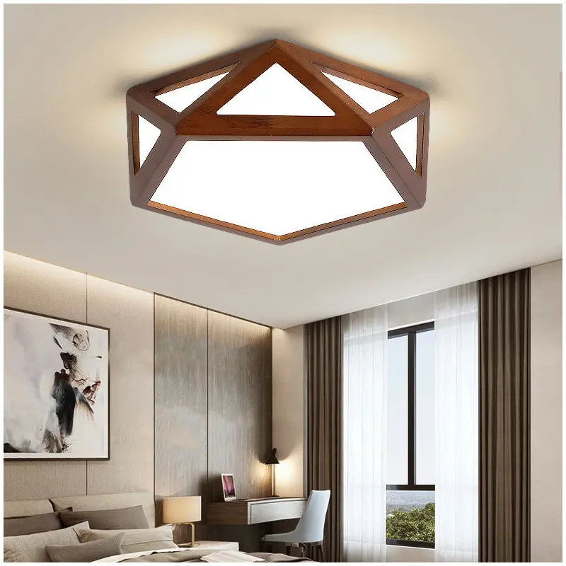Traditional Chinese Solid Wood & Acrylic Hexagonal LED Flush Mount Ceiling Light For Bedroom