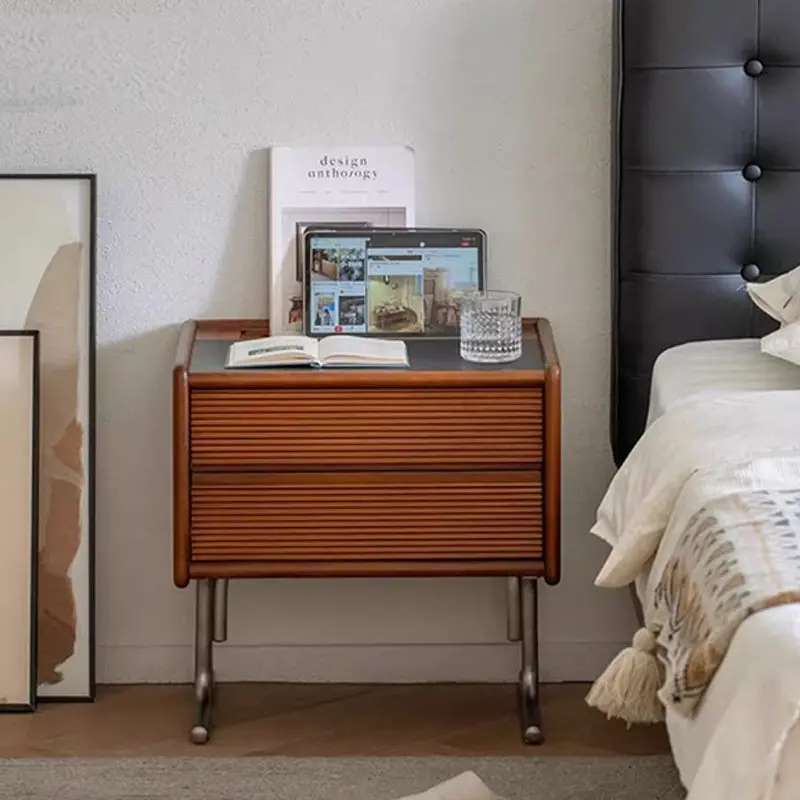 Traditional Vintage Sintered Stone Rectangular Top Solid Wood T-Shaped Stainless Steel Legs Nightstand 2-Drawer For Bedroom