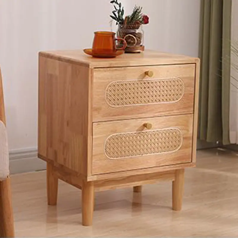 Traditional Vintage Square Solid Wood Top Rattan Woven Nightstand 2-Drawer For Bedroom