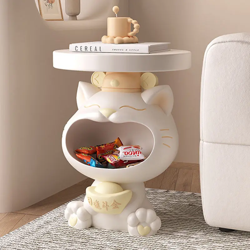 Contemporary Creative Resin Lucky Cat Round Side Table With 1-Tray Storage For Living Room