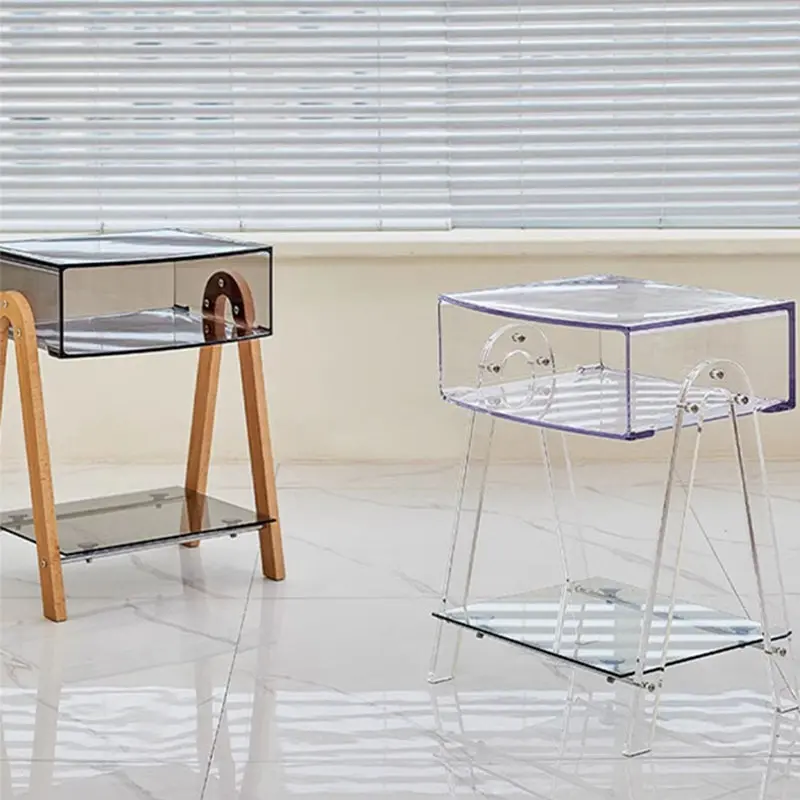 Contemporary Nordic Beech Wood PC & Acrylic Rectangular Side Table With 2 Tiers And 1 Cabinet For Living Room