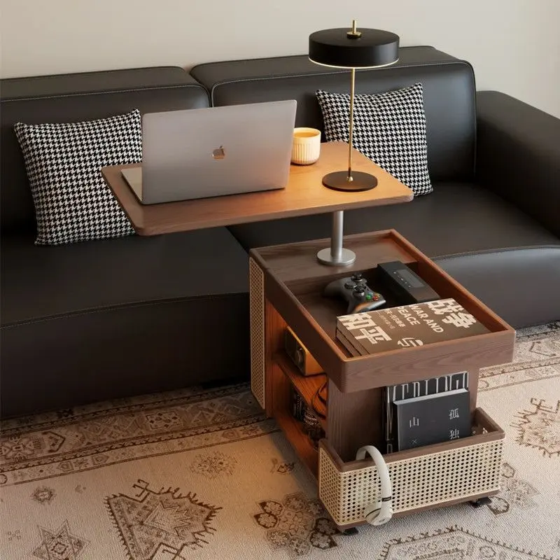 Contemporary Retro Solid Wood Rattan Glass Metal Bus-Shaped Rectangular Side Table With 5 Storage Cabinets And Lift-Top Design For Living Room And Bedroom