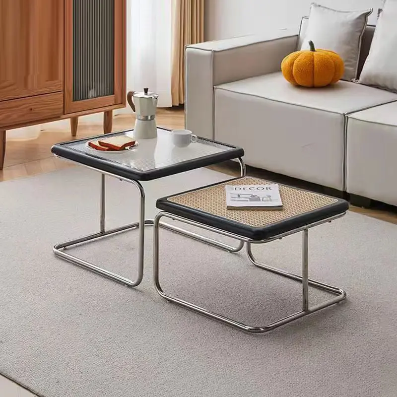 Contemporary Retro Striped Glass And Stainless Steel Square Side Table Set Stackable For Living Room