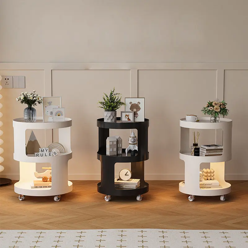 Modern Minimalist Iron And Striped Glass Round & Square Movable Side Table With 3 Tiers For Living Room And Bedroom