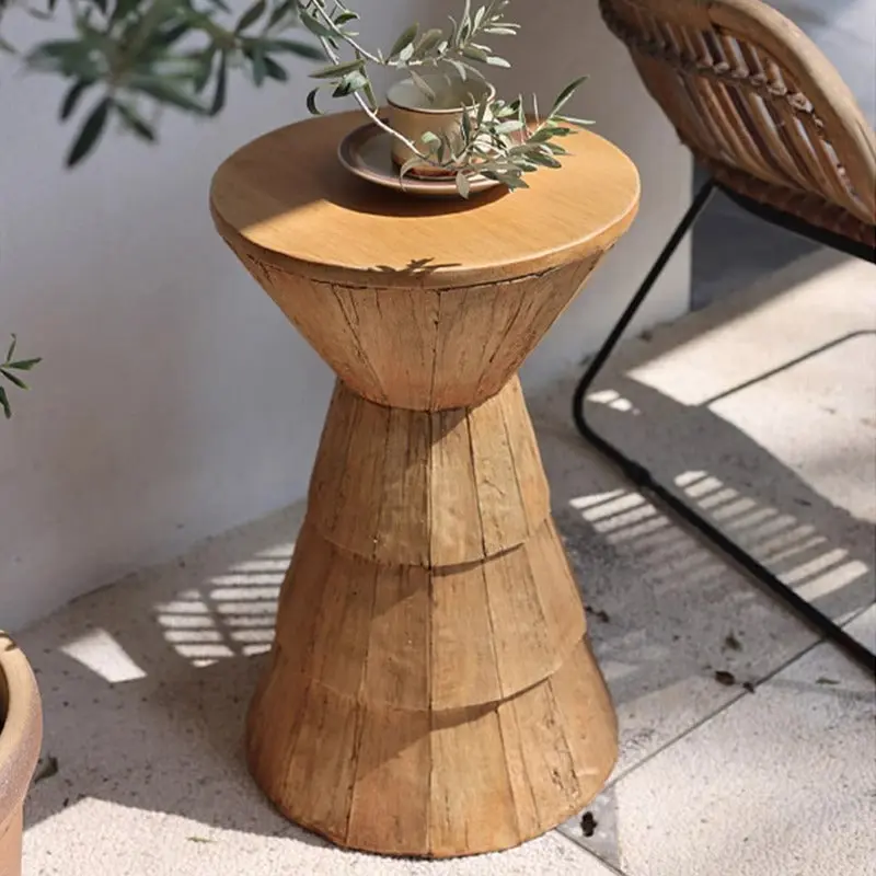 Traditional Farmhouse Magnesium Oxide Round Stump Side Table With Wood Grain Texture For Living Room And Bedroom
