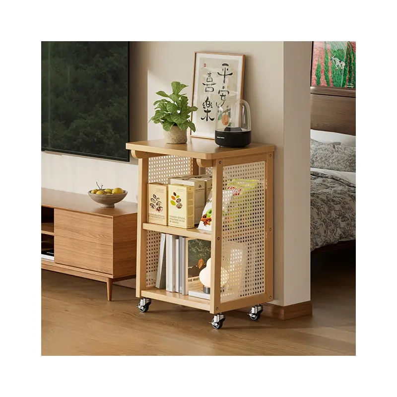 Traditional Japanese Bamboo & Rattan Rectangular End Table With 3-Tiers And Wheels For Living Room