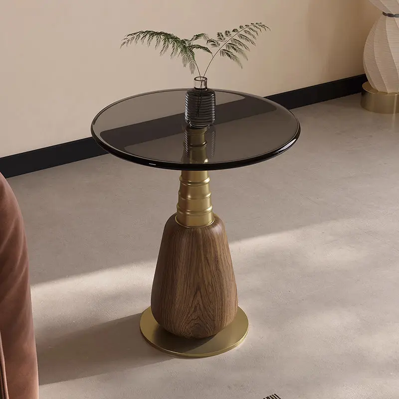 Contemporary Luxury Tempered Glass Iron & Metal Round Side Table With 1-Tray For Living Room