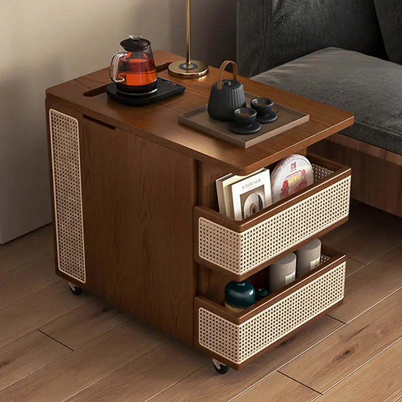 Contemporary Retro Rattan Pine Red Oak & Cherry Wood Rectangular Bus Movable Side Table With 4 Shelves & 2 Cabinets For Living Room And Bedroom