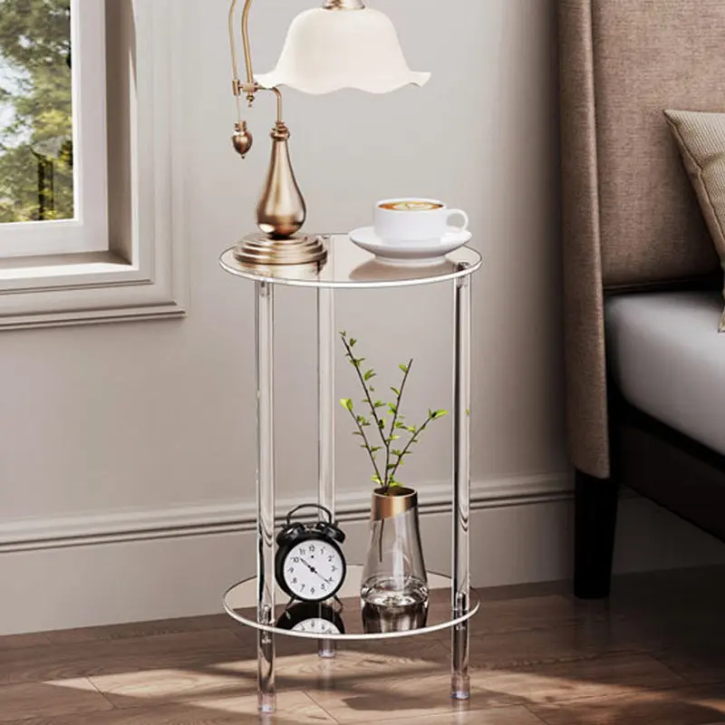 Modern Minimalist Acrylic Round Side Table With 2-Tier Storage For Bedroom & Living Room