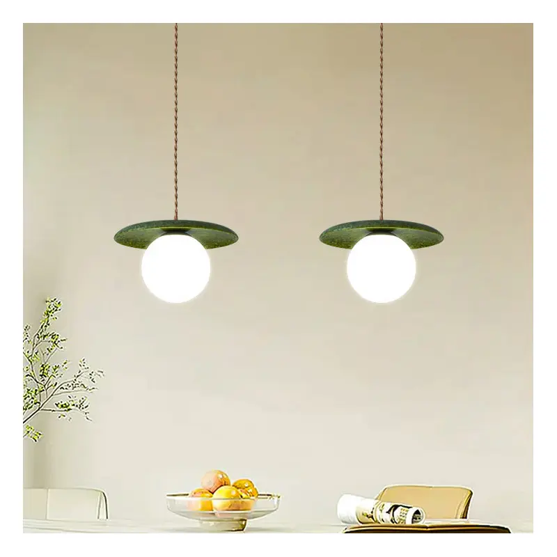 Traditional Vintage Natural Jade Glass Metal Sphere UFO 1-Light Pendant Light For Dining Room