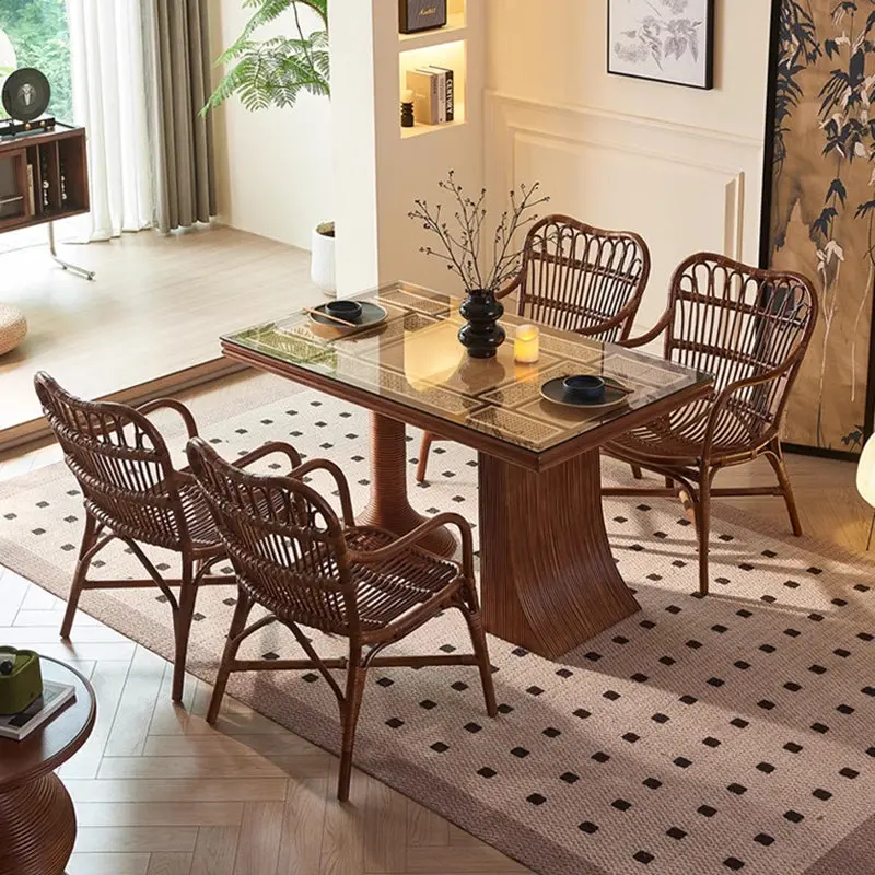 Contemporary Boho Square Rattan Weaving Ash Accent Chair Backrest Armrest For Dining Room