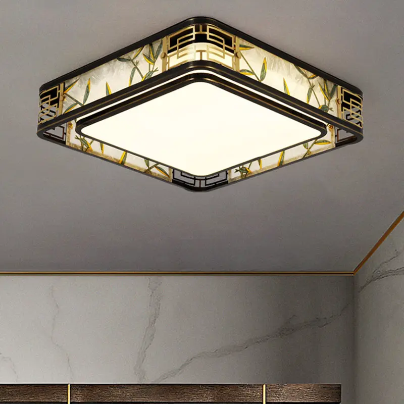 Traditional Chinese Brass And Glass Bamboo Leaf Round Square Rectangular LED Flush Mount Ceiling Light For Living Room And Bedroom