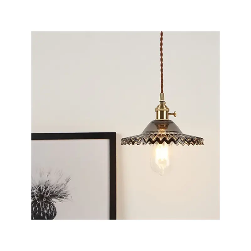 Traditional Vintage Round Ripple Brass Glass 1-Light Pendant Light For Living Room