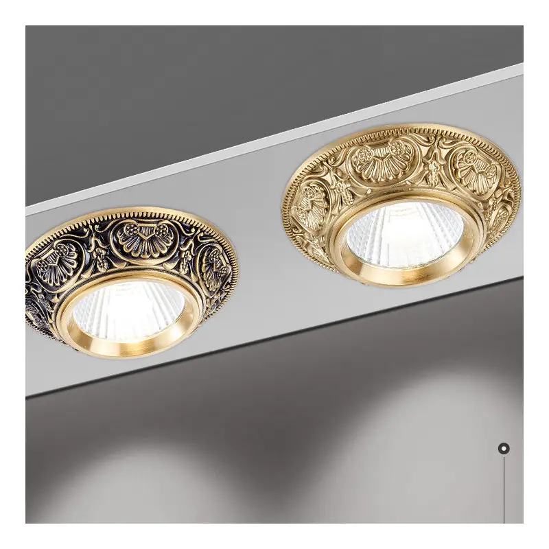 Traditional European Brass Aluminum Round Carved Spotlight LED Flush Mount Ceiling Light For Hallway And Living Room