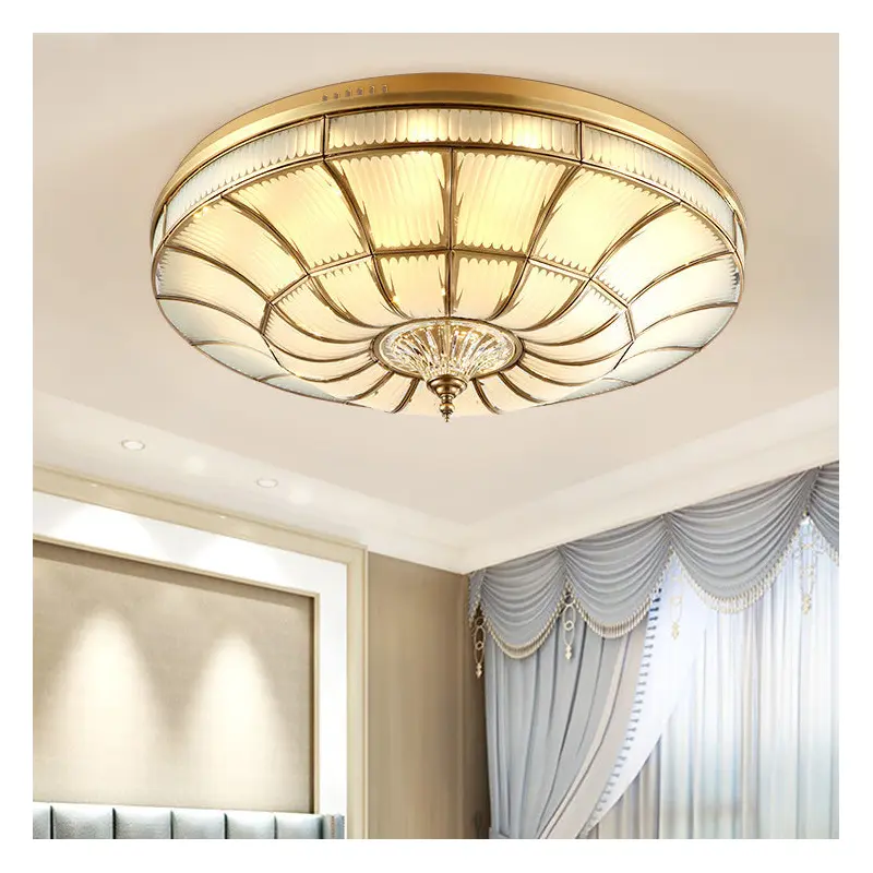 Traditional European Brass Glass Crystal Round LED Flush Mount Ceiling Light For Living Room And Bedroom