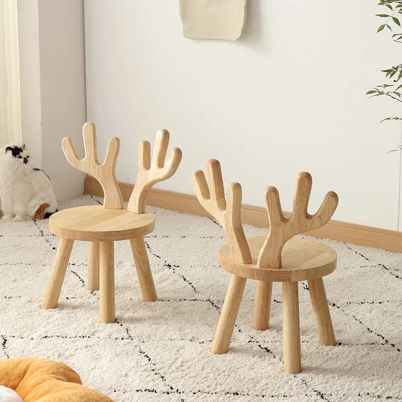 Contemporary Creative Solid Wood Antler Round Kids Low Stool With Backrest For Living Room And Entryway