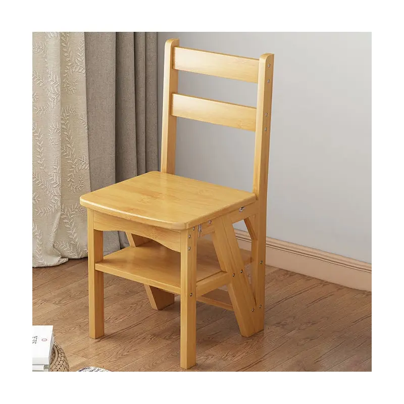 Contemporary Simplicity Solid Wood 2-in-1 Folding Storage Step Stool Ladder Chair Backrest Footrest For Dining Room