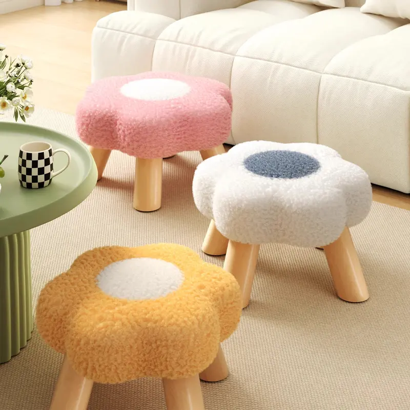 Modern Art Deco Faux Fleece Solid Wood Flower-Shaped Cylinder Low Stool For Bedroom & Living Room