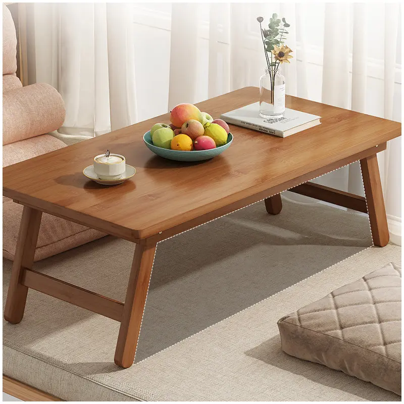 Traditional Japanese Natural Bamboo Rectangular Foldable End Table 1- Tier For Bedroom & Living Room