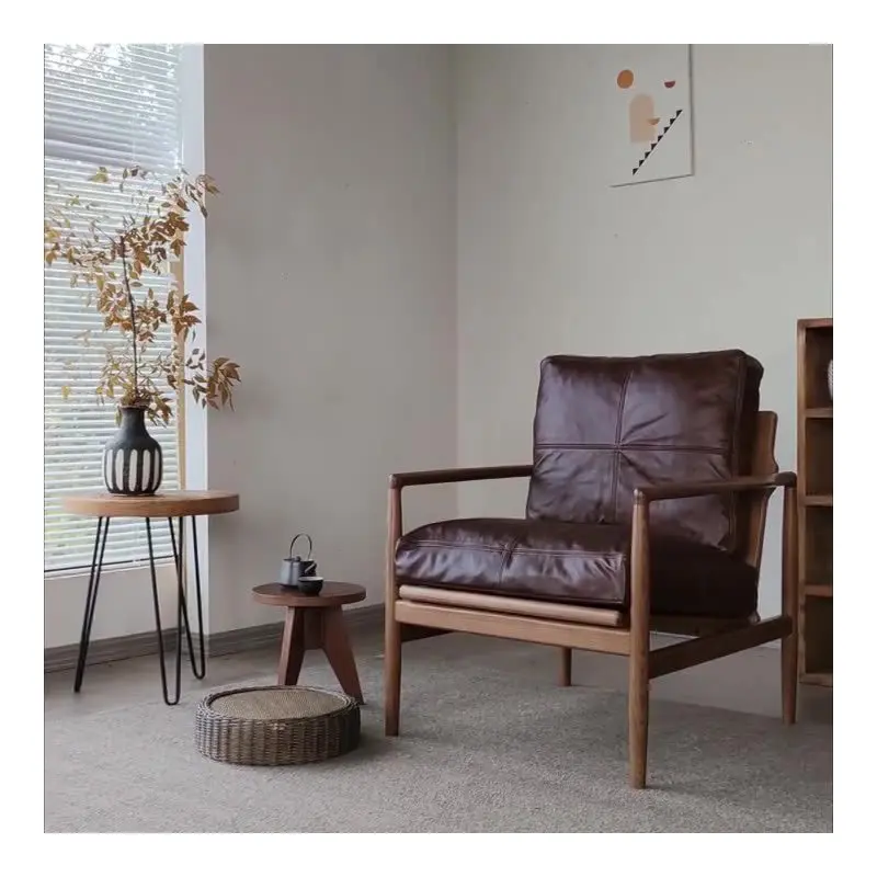 Traditional Japanese Oil-Wax Leather Wood Square Straight-Edge Accent Chair With Backrest Armrests For Bedroom & Living Room