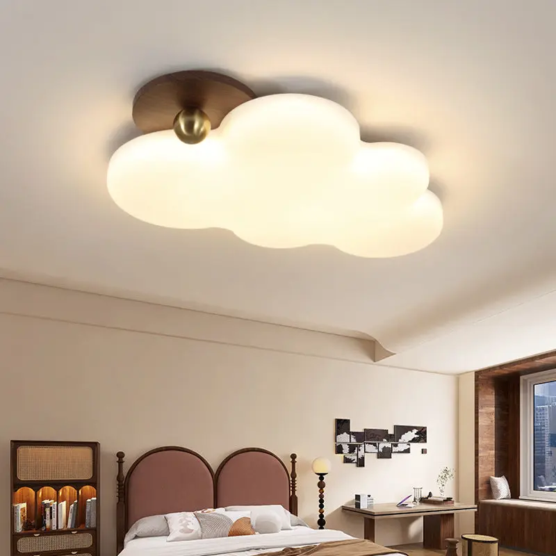 Traditional Vintage PE Rubber Wood Cream Cloud Curved LED Flush Mount Ceiling Light For Bedroom & Living Room