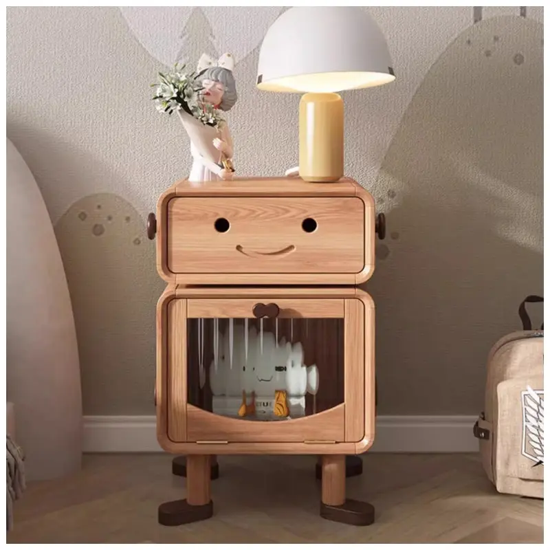 Contemporary Creative Solid Wood Glass Cylindrical Robot Nightstand With 1 Drawer For Bedroom