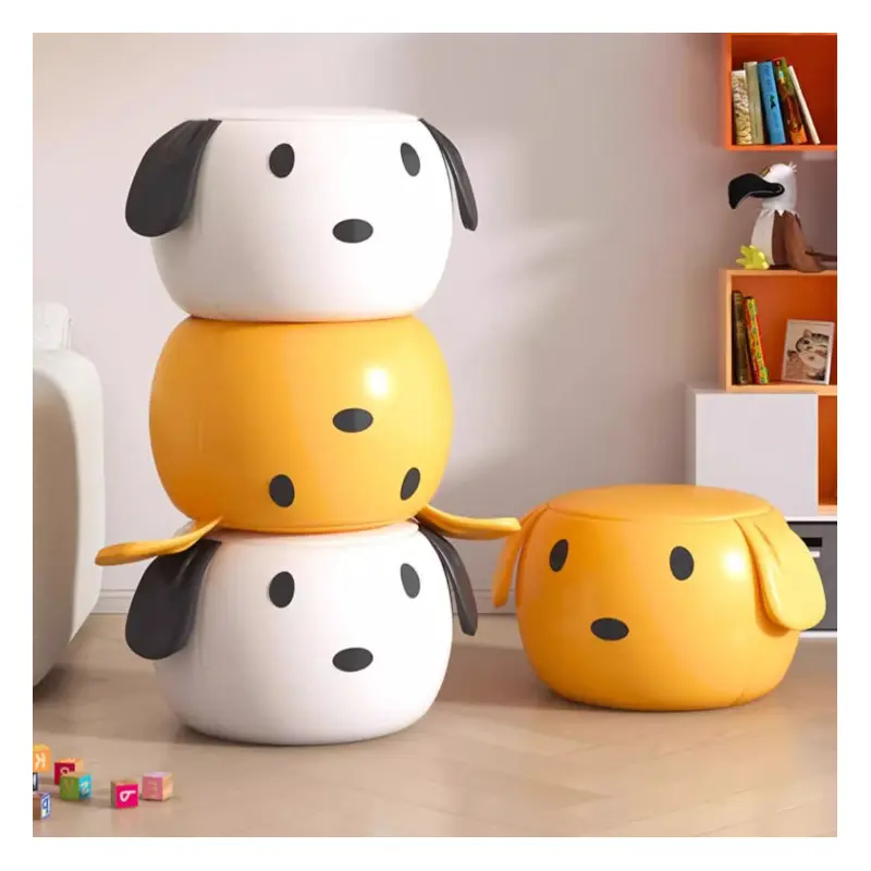 Modern Art Deco PU Leather Solid Wood Cartoon Animal Round Low Stool For Bedroom & Living Room