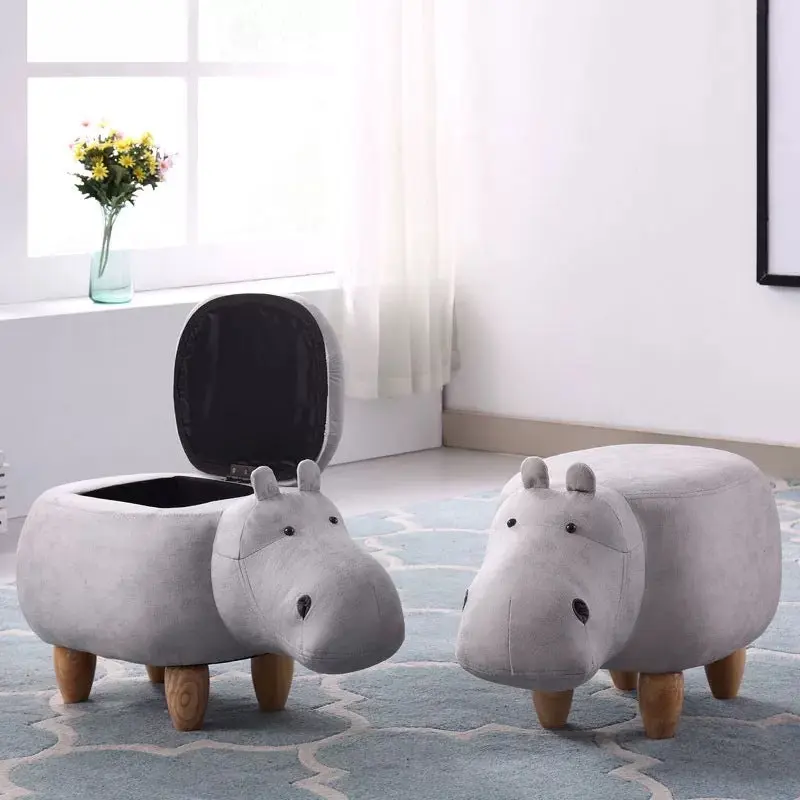 Modern Art Deco Tech Fabric Solid Wood Hippo-Shaped Storage Low Stool For Living Room