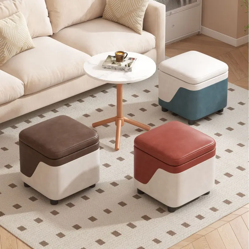 Modern Minimalist Tech Fabric Solid Wood Rounded Square Low Stool With Storage For Living Room