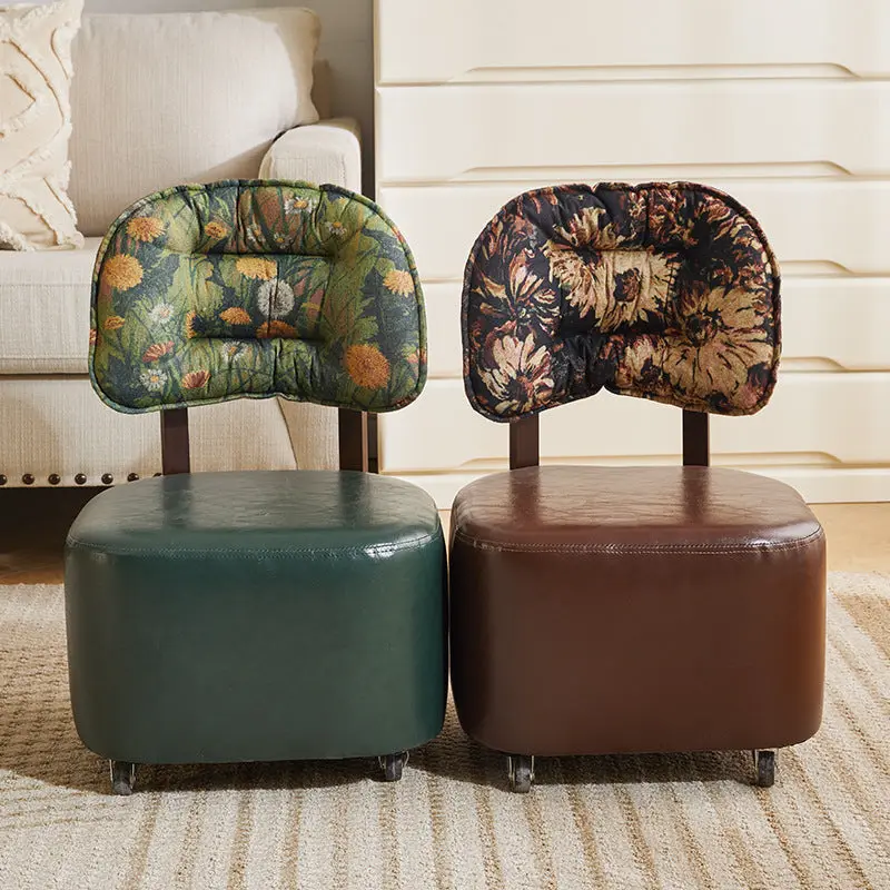 Modern Mid-Century Faux Oil Wax Leather & Linen Metal Rounded Square Low Stool With Backrest And Mobility For Living Room