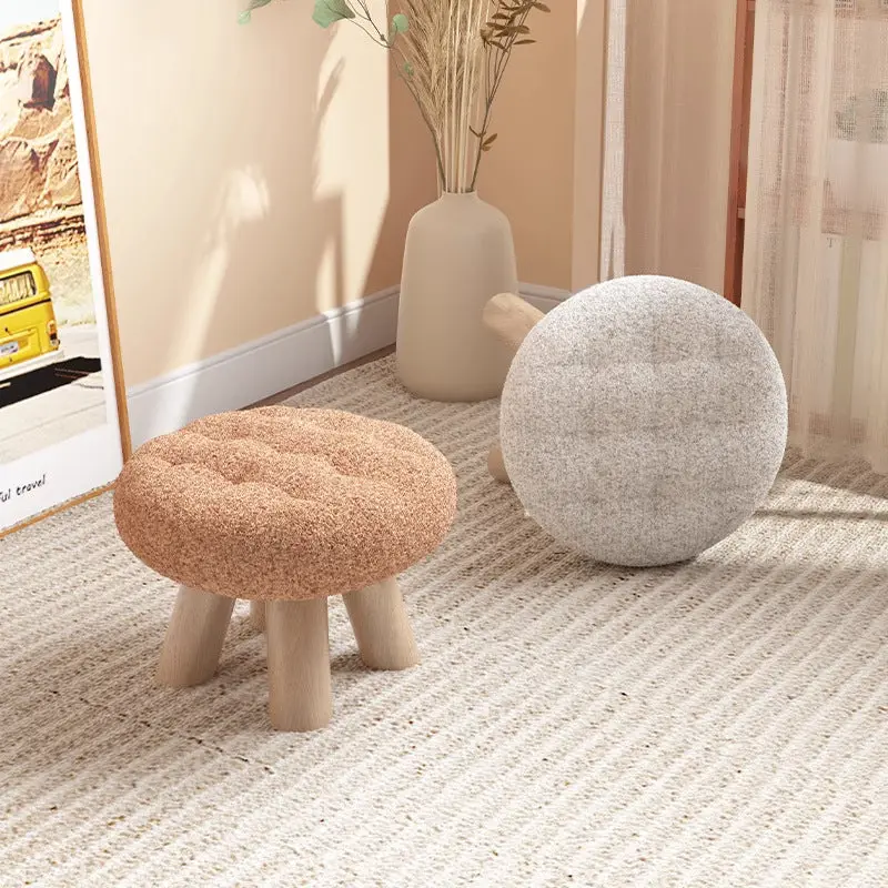 Contemporary Scandinavian Lambswool Wood Round Cookie Low Stool With Stackable Design For Living Room