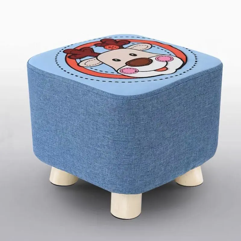 Contemporary Simplicity Square Cartoon Animal Printed Fabric Solid Wood Legs Low Stool For Living Room
