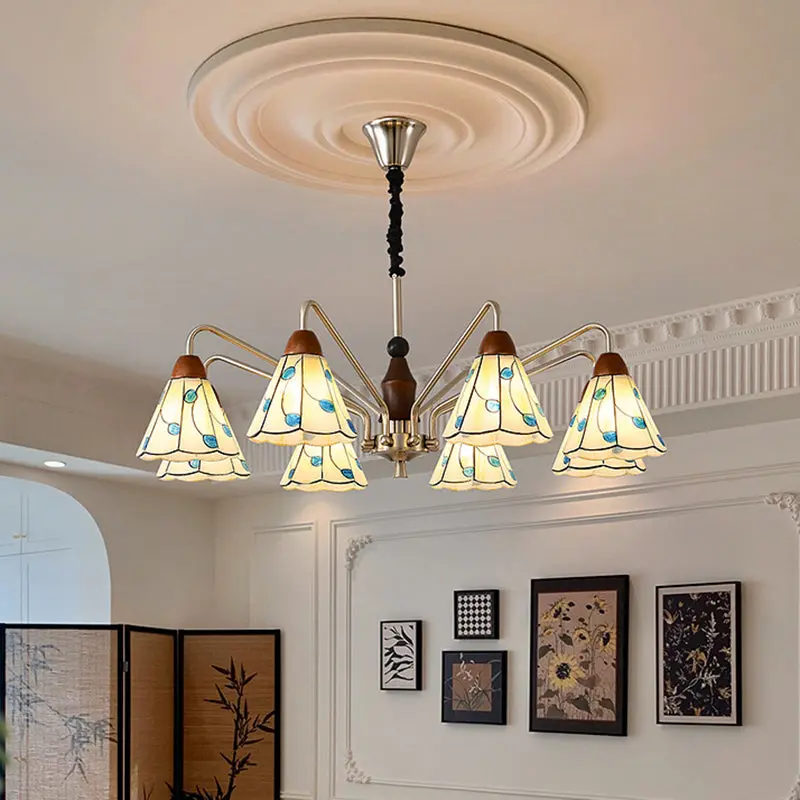 Contemporary Coastal Iron Wood Glass Cone 6/8-Light Chandelier For Living Room And Bedroom