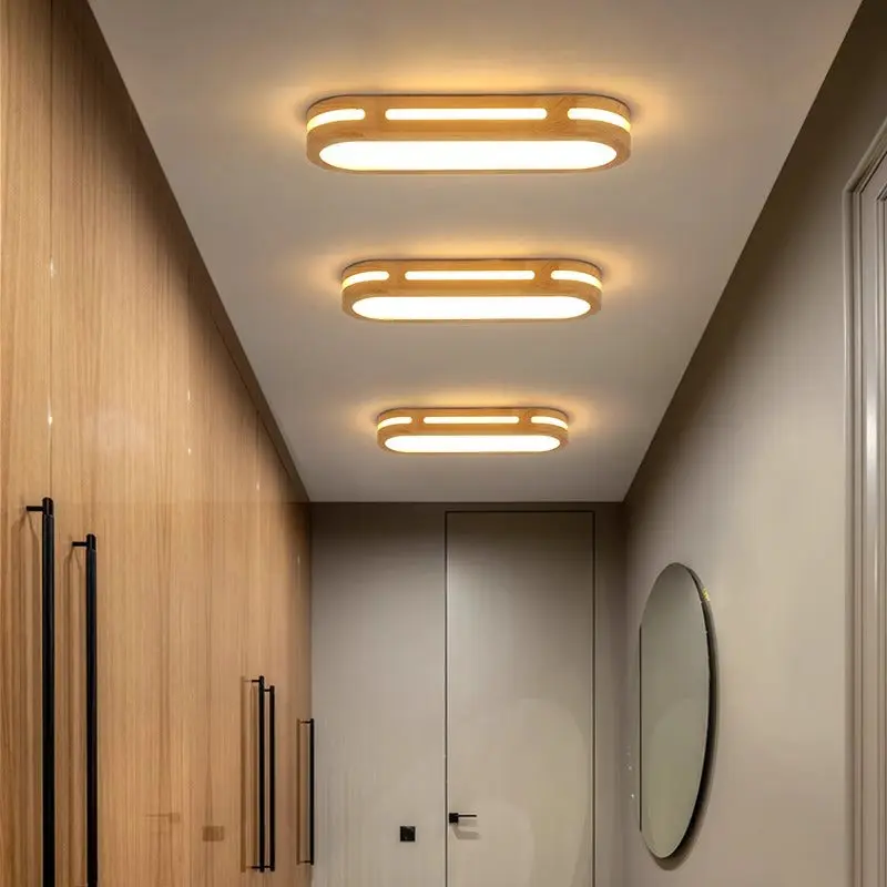 Traditional Japanese Metal Rubberwood Acrylic Long Oval LED Flush Mount Ceiling Light For Hallway
