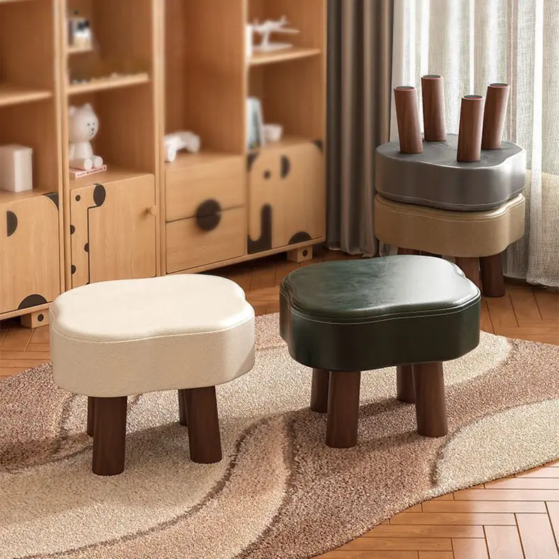 Contemporary Nordic Cloud Shape Anti-slip Strips Solid Wood Leather Low Stool Backless Armless For Living Room